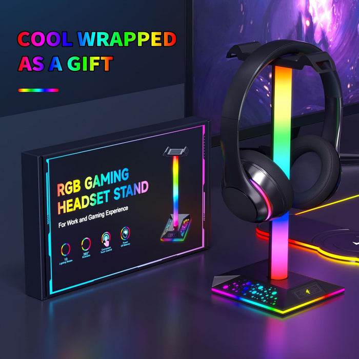 Hcman Headphone Stand Gaming Headset Holder RGB PC Gaming Accessories for Desk, Cool LED Headset Stand with 2 USB Charger for Gamer, Black